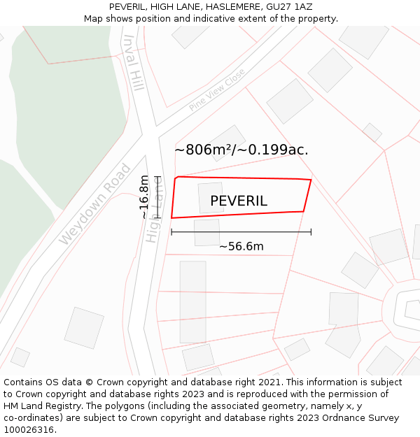 PEVERIL, HIGH LANE, HASLEMERE, GU27 1AZ: Plot and title map