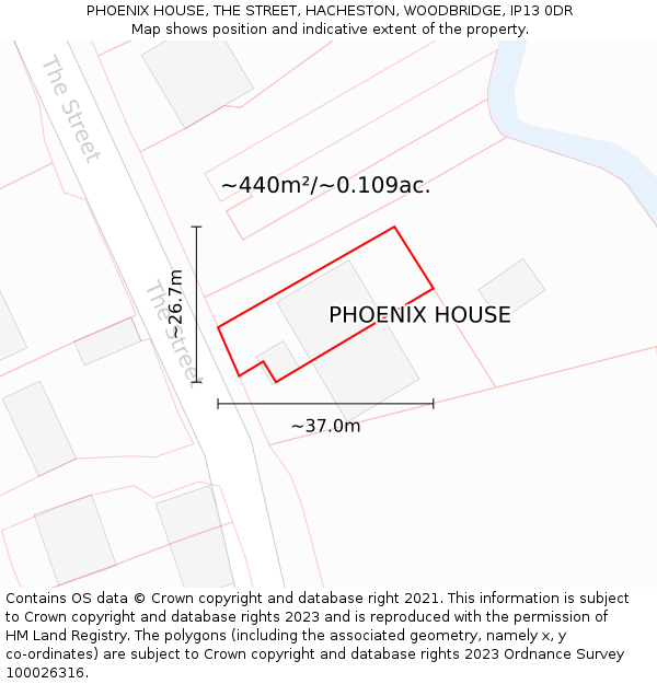 PHOENIX HOUSE, THE STREET, HACHESTON, WOODBRIDGE, IP13 0DR: Plot and title map