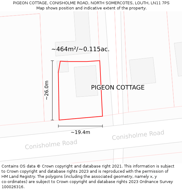 PIGEON COTTAGE, CONISHOLME ROAD, NORTH SOMERCOTES, LOUTH, LN11 7PS: Plot and title map