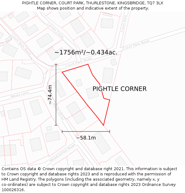 PIGHTLE CORNER, COURT PARK, THURLESTONE, KINGSBRIDGE, TQ7 3LX: Plot and title map