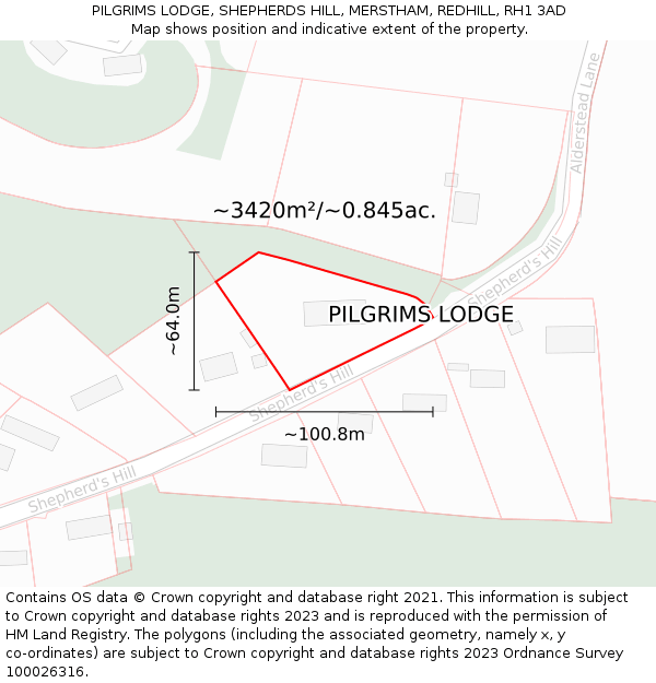 PILGRIMS LODGE, SHEPHERDS HILL, MERSTHAM, REDHILL, RH1 3AD: Plot and title map