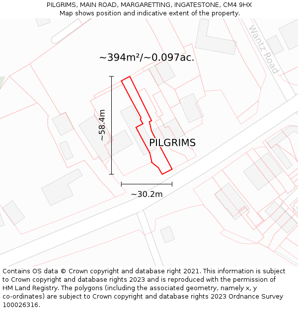 PILGRIMS, MAIN ROAD, MARGARETTING, INGATESTONE, CM4 9HX: Plot and title map