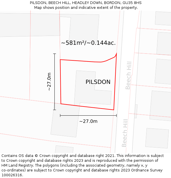 PILSDON, BEECH HILL, HEADLEY DOWN, BORDON, GU35 8HS: Plot and title map