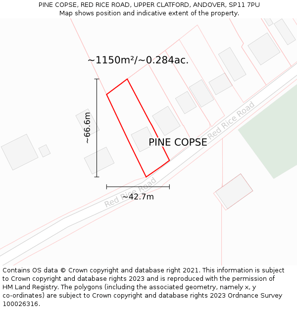 PINE COPSE, RED RICE ROAD, UPPER CLATFORD, ANDOVER, SP11 7PU: Plot and title map