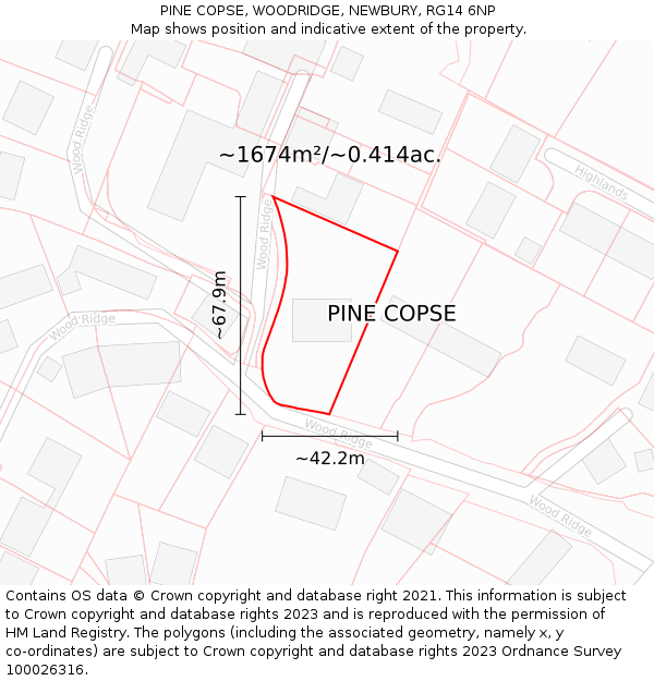 PINE COPSE, WOODRIDGE, NEWBURY, RG14 6NP: Plot and title map