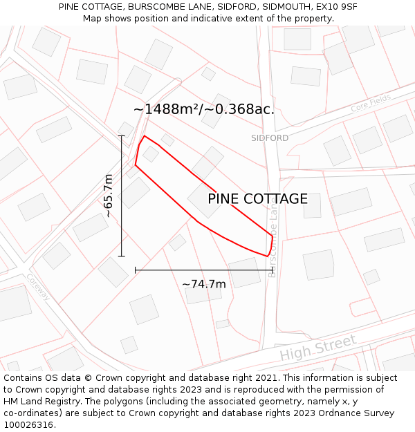 PINE COTTAGE, BURSCOMBE LANE, SIDFORD, SIDMOUTH, EX10 9SF: Plot and title map
