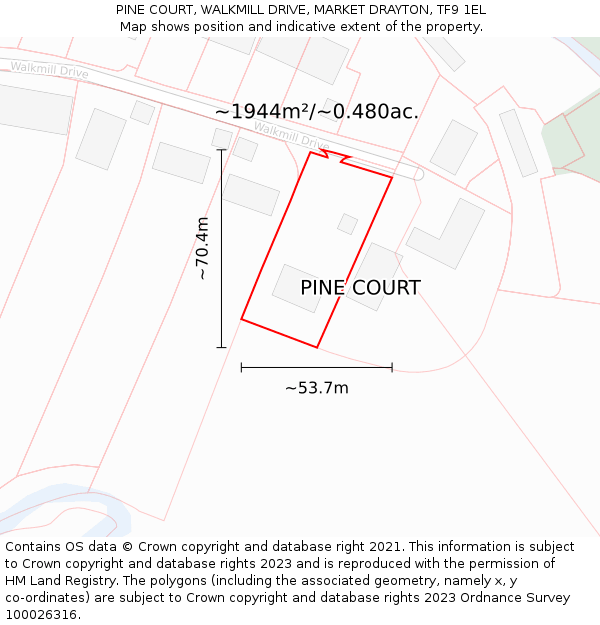 PINE COURT, WALKMILL DRIVE, MARKET DRAYTON, TF9 1EL: Plot and title map