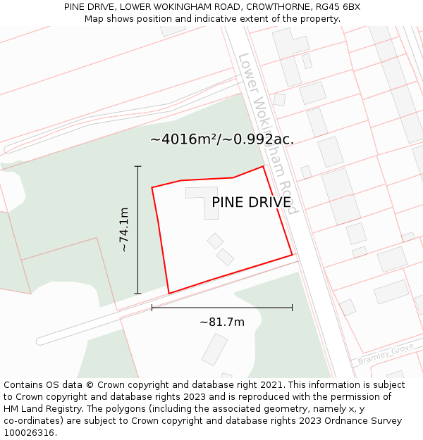 PINE DRIVE, LOWER WOKINGHAM ROAD, CROWTHORNE, RG45 6BX: Plot and title map