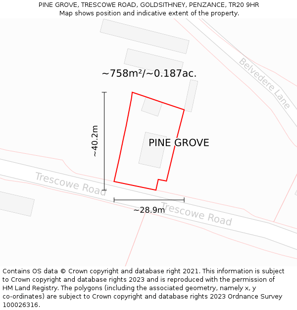 PINE GROVE, TRESCOWE ROAD, GOLDSITHNEY, PENZANCE, TR20 9HR: Plot and title map