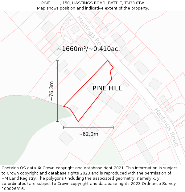 PINE HILL, 150, HASTINGS ROAD, BATTLE, TN33 0TW: Plot and title map