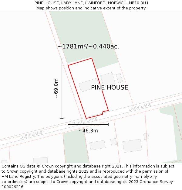 PINE HOUSE, LADY LANE, HAINFORD, NORWICH, NR10 3LU: Plot and title map