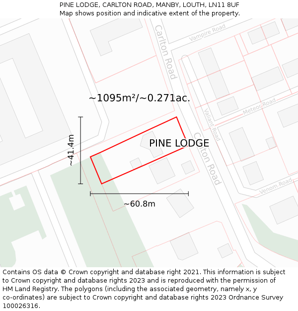 PINE LODGE, CARLTON ROAD, MANBY, LOUTH, LN11 8UF: Plot and title map