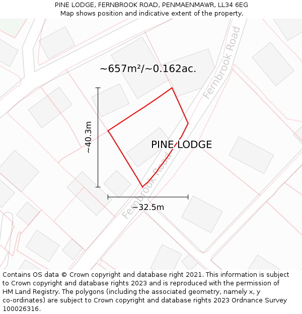 PINE LODGE, FERNBROOK ROAD, PENMAENMAWR, LL34 6EG: Plot and title map