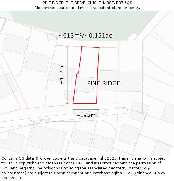 PINE RIDGE, THE DRIVE, CHISLEHURST, BR7 6QS: Plot and title map