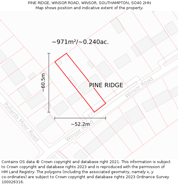 PINE RIDGE, WINSOR ROAD, WINSOR, SOUTHAMPTON, SO40 2HN: Plot and title map