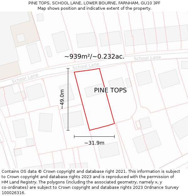 PINE TOPS, SCHOOL LANE, LOWER BOURNE, FARNHAM, GU10 3PF: Plot and title map