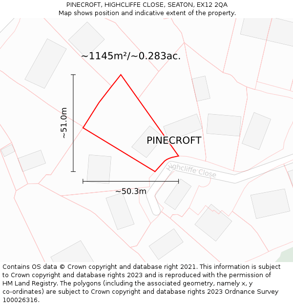 PINECROFT, HIGHCLIFFE CLOSE, SEATON, EX12 2QA: Plot and title map