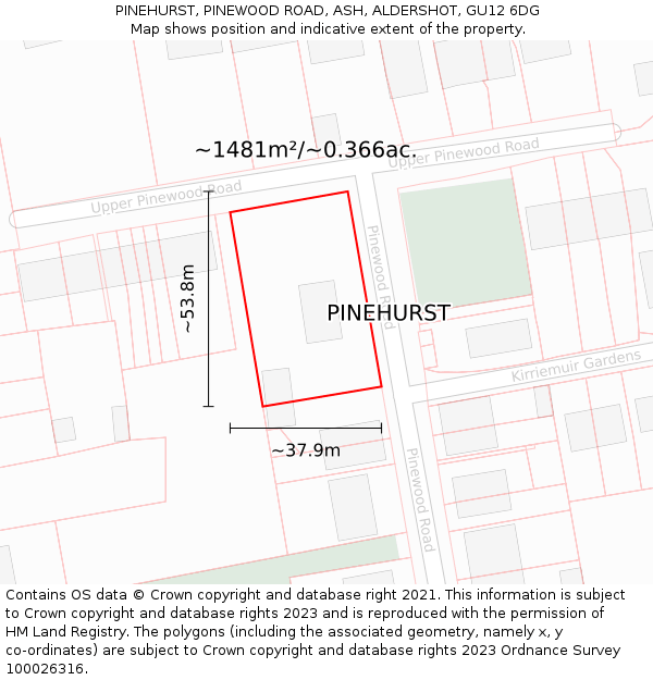 PINEHURST, PINEWOOD ROAD, ASH, ALDERSHOT, GU12 6DG: Plot and title map