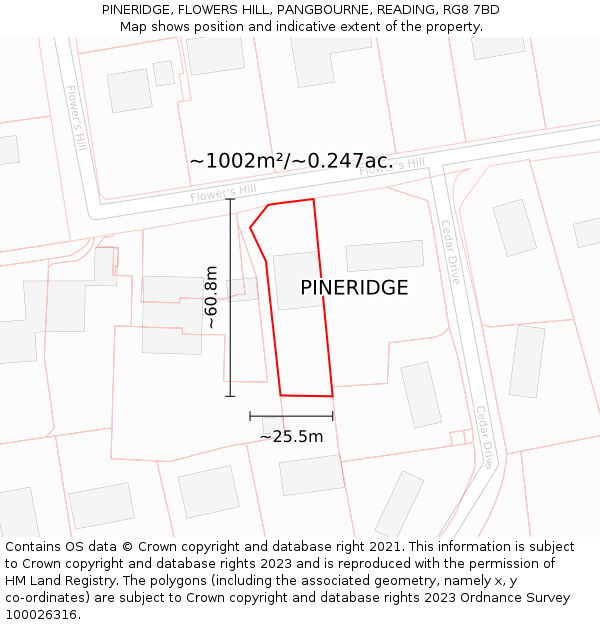 PINERIDGE, FLOWERS HILL, PANGBOURNE, READING, RG8 7BD: Plot and title map