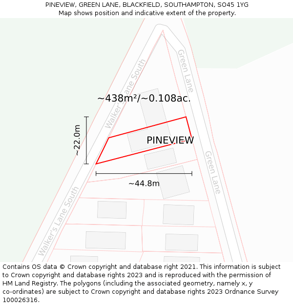 PINEVIEW, GREEN LANE, BLACKFIELD, SOUTHAMPTON, SO45 1YG: Plot and title map