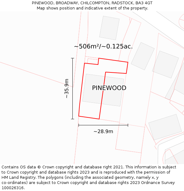 PINEWOOD, BROADWAY, CHILCOMPTON, RADSTOCK, BA3 4GT: Plot and title map