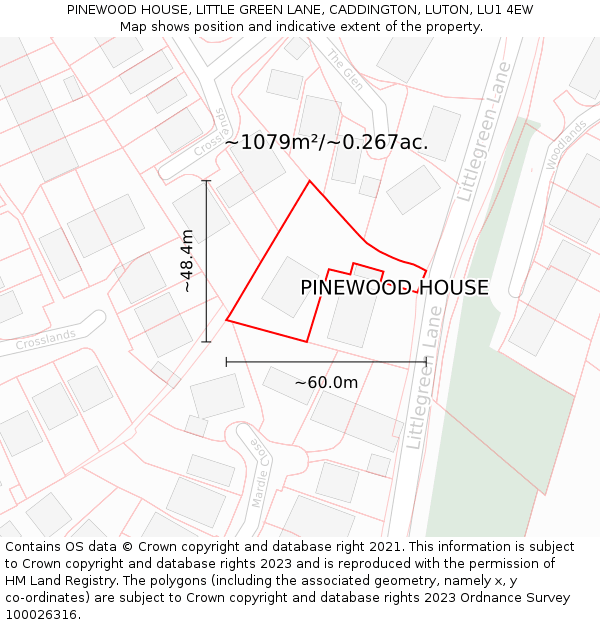 PINEWOOD HOUSE, LITTLE GREEN LANE, CADDINGTON, LUTON, LU1 4EW: Plot and title map