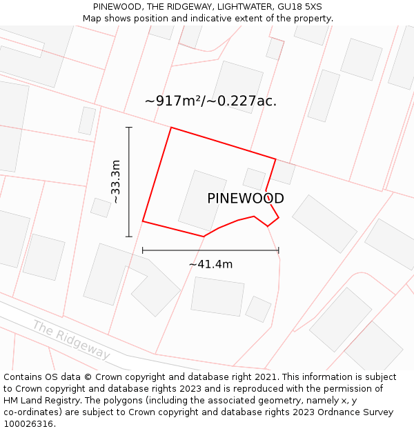 PINEWOOD, THE RIDGEWAY, LIGHTWATER, GU18 5XS: Plot and title map