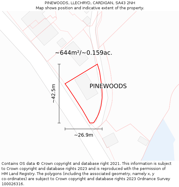 PINEWOODS, LLECHRYD, CARDIGAN, SA43 2NH: Plot and title map