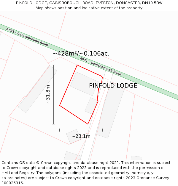 PINFOLD LODGE, GAINSBOROUGH ROAD, EVERTON, DONCASTER, DN10 5BW: Plot and title map