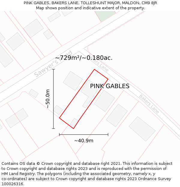 PINK GABLES, BAKERS LANE, TOLLESHUNT MAJOR, MALDON, CM9 8JR: Plot and title map