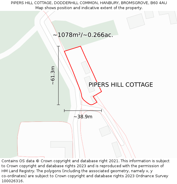 PIPERS HILL COTTAGE, DODDERHILL COMMON, HANBURY, BROMSGROVE, B60 4AU: Plot and title map