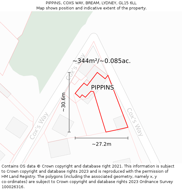 PIPPINS, COXS WAY, BREAM, LYDNEY, GL15 6LL: Plot and title map