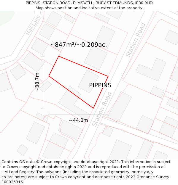 PIPPINS, STATION ROAD, ELMSWELL, BURY ST EDMUNDS, IP30 9HD: Plot and title map