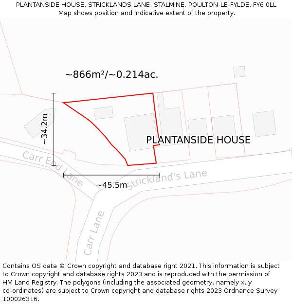 PLANTANSIDE HOUSE, STRICKLANDS LANE, STALMINE, POULTON-LE-FYLDE, FY6 0LL: Plot and title map