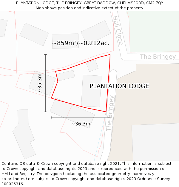 PLANTATION LODGE, THE BRINGEY, GREAT BADDOW, CHELMSFORD, CM2 7QY: Plot and title map