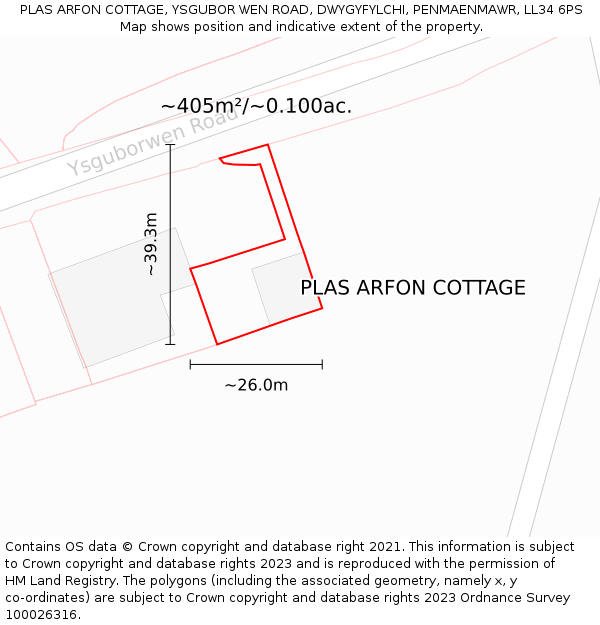 PLAS ARFON COTTAGE, YSGUBOR WEN ROAD, DWYGYFYLCHI, PENMAENMAWR, LL34 6PS: Plot and title map