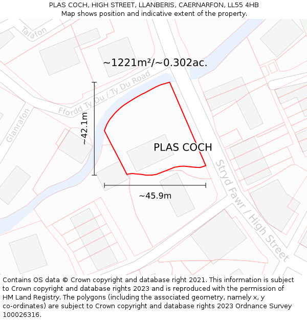 PLAS COCH, HIGH STREET, LLANBERIS, CAERNARFON, LL55 4HB: Plot and title map