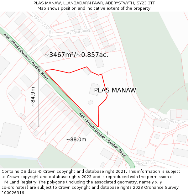 PLAS MANAW, LLANBADARN FAWR, ABERYSTWYTH, SY23 3TT: Plot and title map