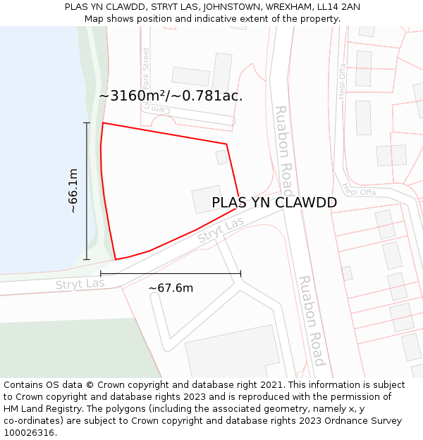 PLAS YN CLAWDD, STRYT LAS, JOHNSTOWN, WREXHAM, LL14 2AN: Plot and title map