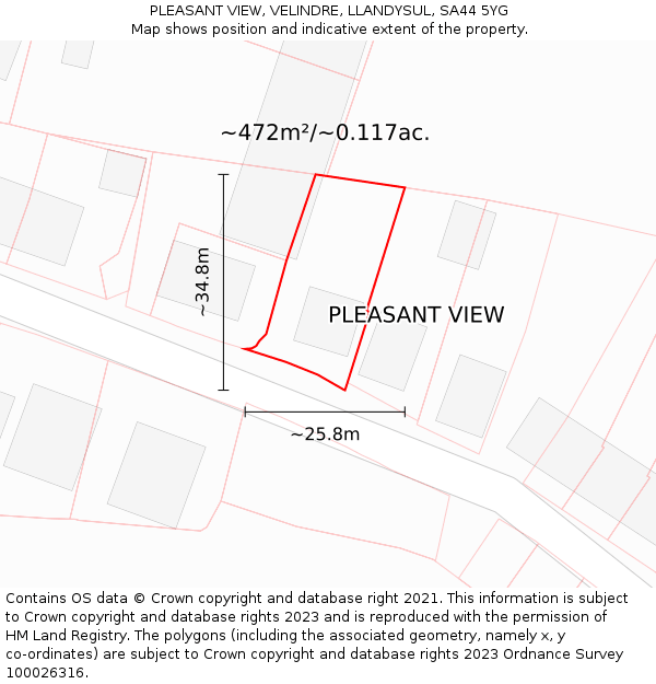 PLEASANT VIEW, VELINDRE, LLANDYSUL, SA44 5YG: Plot and title map