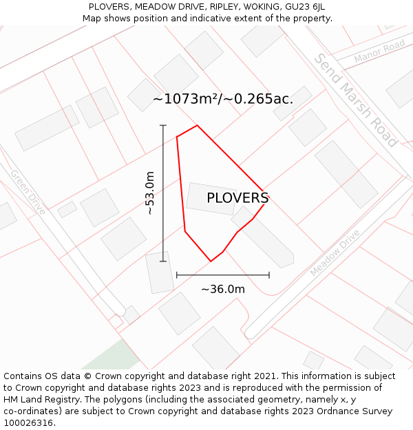 PLOVERS, MEADOW DRIVE, RIPLEY, WOKING, GU23 6JL: Plot and title map