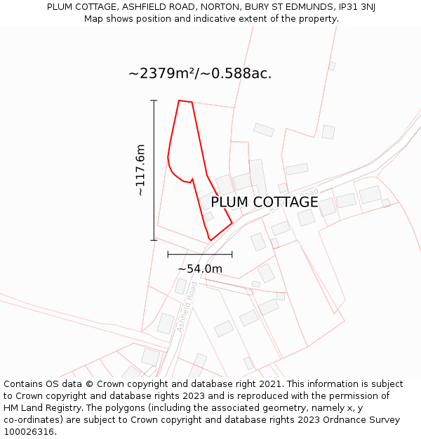 PLUM COTTAGE, ASHFIELD ROAD, NORTON, BURY ST EDMUNDS, IP31 3NJ: Plot and title map