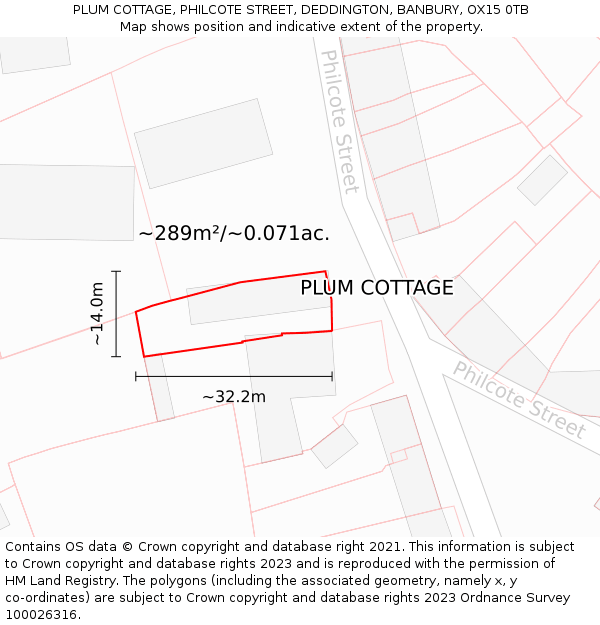 PLUM COTTAGE, PHILCOTE STREET, DEDDINGTON, BANBURY, OX15 0TB: Plot and title map