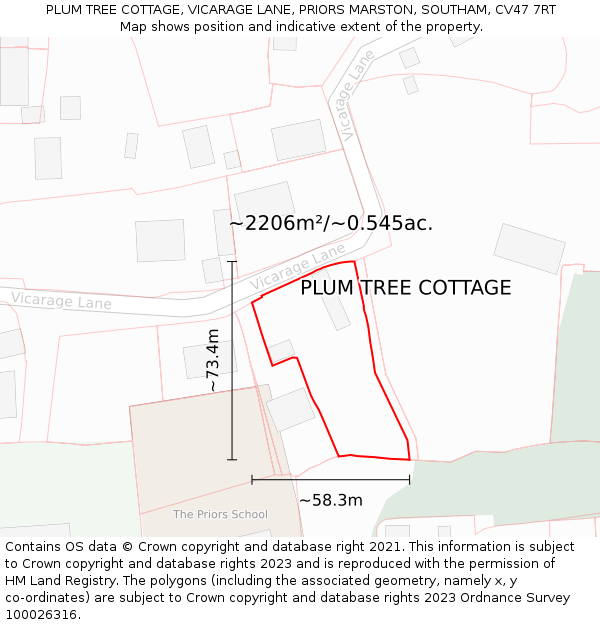 PLUM TREE COTTAGE, VICARAGE LANE, PRIORS MARSTON, SOUTHAM, CV47 7RT: Plot and title map