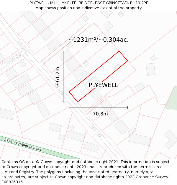 PLYEWELL, MILL LANE, FELBRIDGE, EAST GRINSTEAD, RH19 2PE: Plot and title map