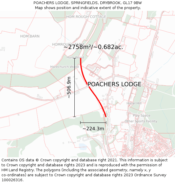 POACHERS LODGE, SPRINGFIELDS, DRYBROOK, GL17 9BW: Plot and title map