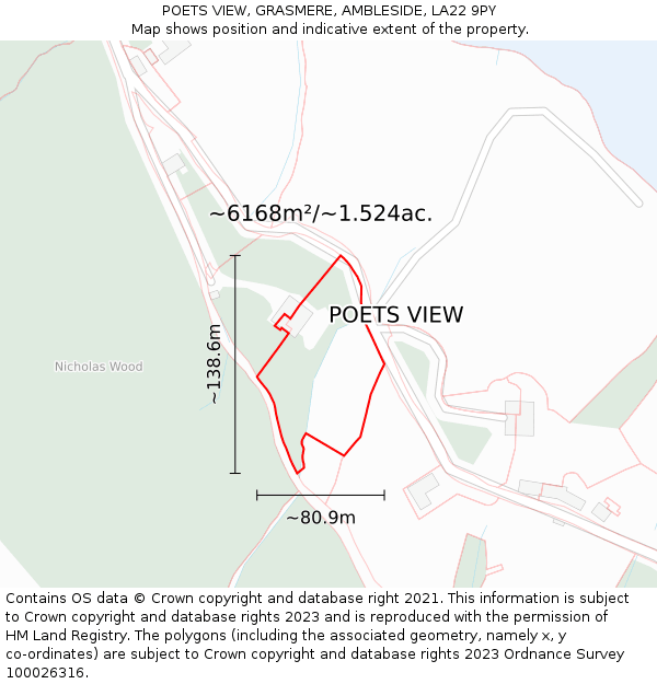 POETS VIEW, GRASMERE, AMBLESIDE, LA22 9PY: Plot and title map