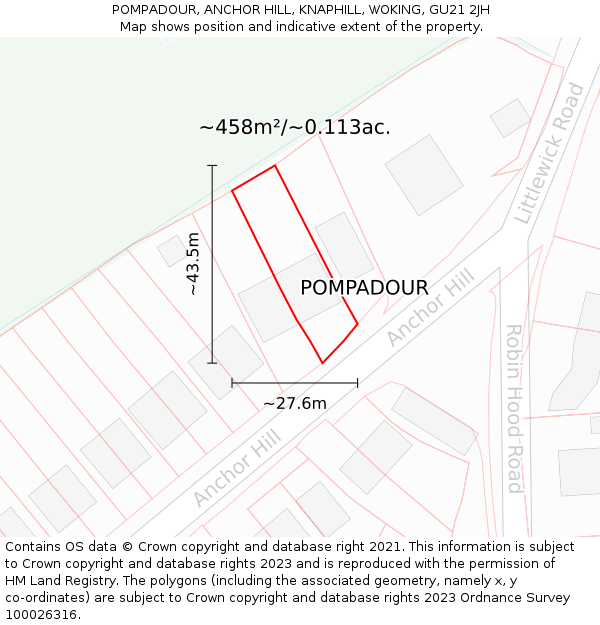 POMPADOUR, ANCHOR HILL, KNAPHILL, WOKING, GU21 2JH: Plot and title map