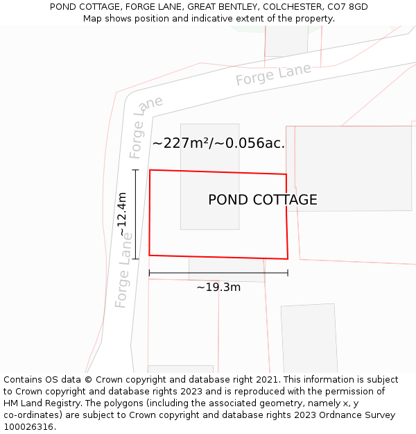 POND COTTAGE, FORGE LANE, GREAT BENTLEY, COLCHESTER, CO7 8GD: Plot and title map