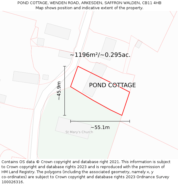 POND COTTAGE, WENDEN ROAD, ARKESDEN, SAFFRON WALDEN, CB11 4HB: Plot and title map